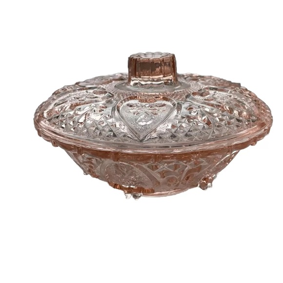 Kig Pink Depression Glass Flowers & Hearts Trinket/Candy Dish With Lid 7 Inches - Picture 4 of 10